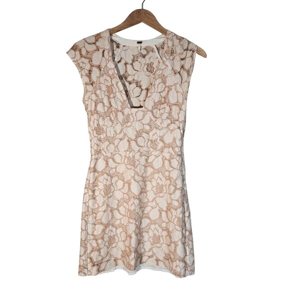 Free People Lace Mini Dress Beige XS Feminine Romantic Boho Chic Cottage core - Picture 2 of 14